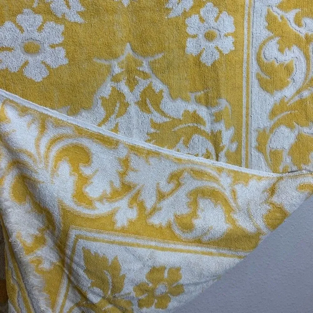Vtg Sears Drylon Fringed Bath Towel Jacobean Print Golden Yellow Repurpose Craft